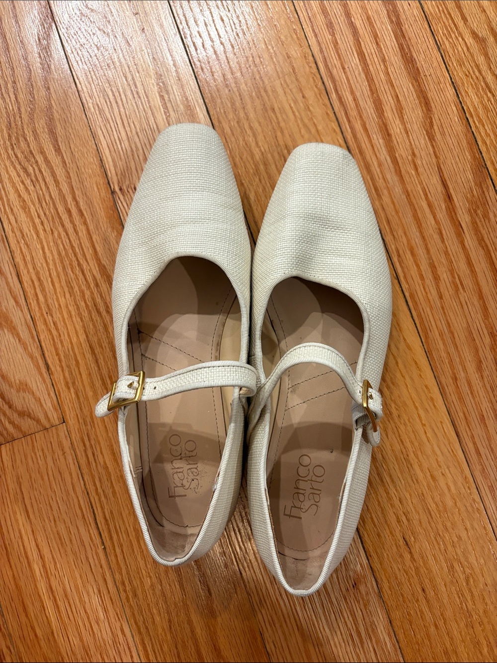 Franco Sarto Ivory Mary Jane Flats with Gold Buckle